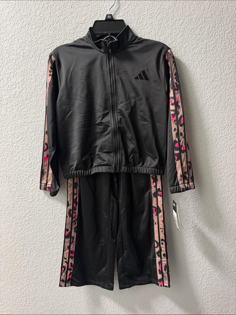 adidas Black Kids Track Jacket and Pants with Pink Leopard Side Stripes